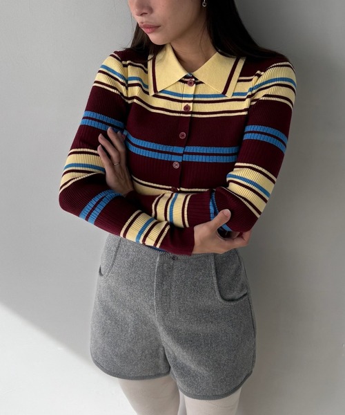 SANSeLF(サンセルフ)の「【SANSeLF】マルチボーダーニットトップス コンパクトシルエット saw25a050(ニット/セーター・レディース・ボルドー/カーキ・FREE)」の7枚目の写真