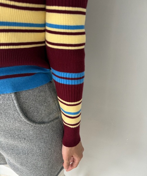 SANSeLF(サンセルフ)の「【SANSeLF】マルチボーダーニットトップス コンパクトシルエット saw25a050(ニット/セーター・レディース・ボルドー/カーキ・FREE)」の13枚目の写真