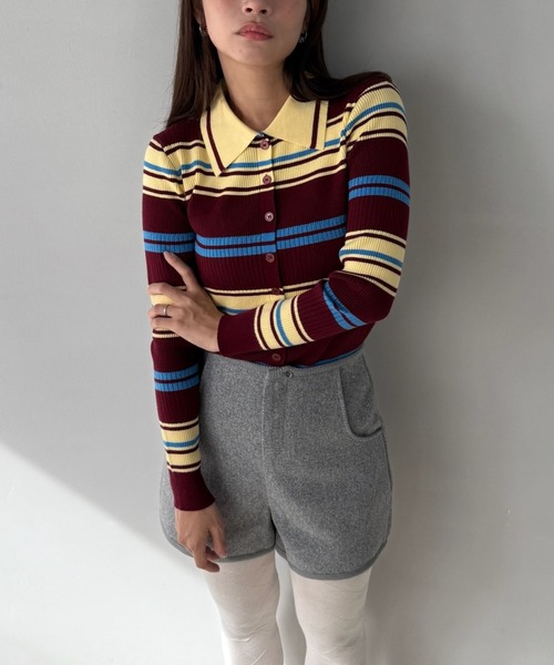 SANSeLF(サンセルフ)の「【SANSeLF】マルチボーダーニットトップス コンパクトシルエット saw25a050(ニット/セーター・レディース・ボルドー/カーキ・FREE)」の6枚目の写真