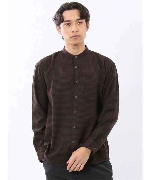 m.f.editorial（エムエフエディトリアル）の「【ネルチェック 起毛】ポートブリッジ/Port Bridge バンドカラー長袖シャツ（シャツ/ブラウス・メンズ・ベージュ/ダークウッド・MEDIUM/LARGE）」の2枚目の写真