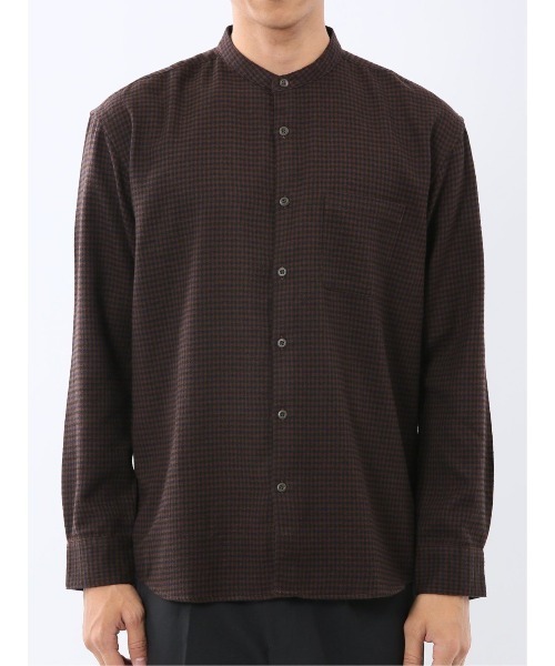 m.f.editorial（エムエフエディトリアル）の「【ネルチェック 起毛】ポートブリッジ/Port Bridge バンドカラー長袖シャツ（シャツ/ブラウス・メンズ・ベージュ/ダークウッド・MEDIUM/LARGE）」の9枚目の写真