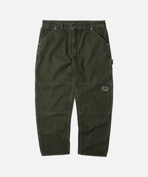 FRIZMWORKS(フリズムワークス)の「WASHED DENIM DOUBLE KNEE PANTS _ WASHED OLIVE(デニムパンツ・メンズ・その他・SMALL/MEDIUM/LARGE/X-LARGE)」の1枚目の写真