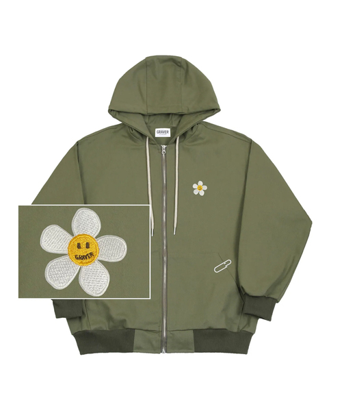 [UNISEX]フラワードット刺繍フードジャケット_カーキ