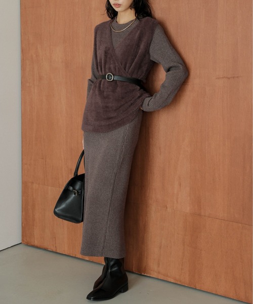 セール】フェザーニットベスト＆リブニットワンピース セットアップ