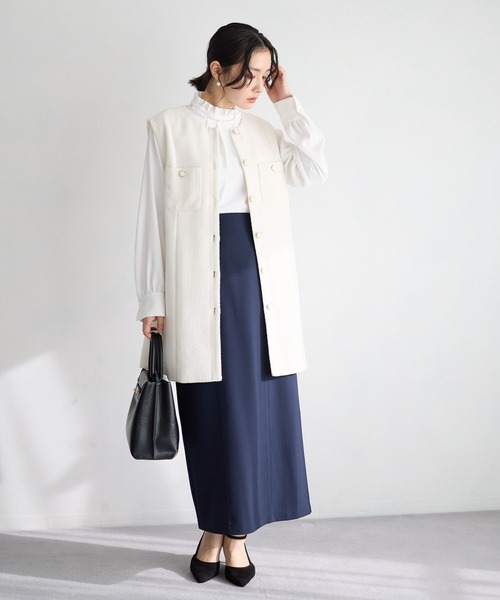 Andemiu（アンデミュウ）の「【セレモニー】ツイードロングジレ636642（ノーカラージャケット・レディース・ネイビー/アイボリー・FREE）」の4枚目の写真