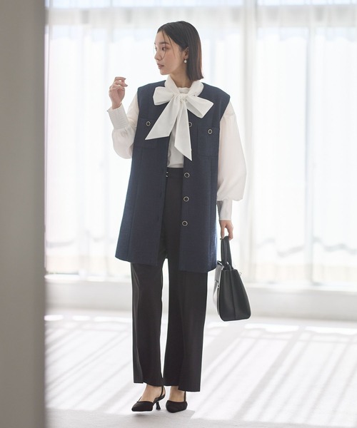 Andemiu（アンデミュウ）の「【セレモニー】ツイードロングジレ636642（ノーカラージャケット・レディース・ネイビー/アイボリー・FREE）」の6枚目の写真