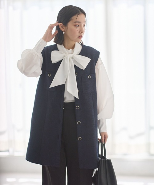 Andemiu（アンデミュウ）の「【セレモニー】ツイードロングジレ636642（ノーカラージャケット・レディース・ネイビー/アイボリー・FREE）」の8枚目の写真