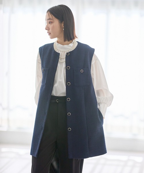 Andemiu（アンデミュウ）の「【セレモニー】ツイードロングジレ636642（ノーカラージャケット・レディース・ネイビー/アイボリー・FREE）」の9枚目の写真