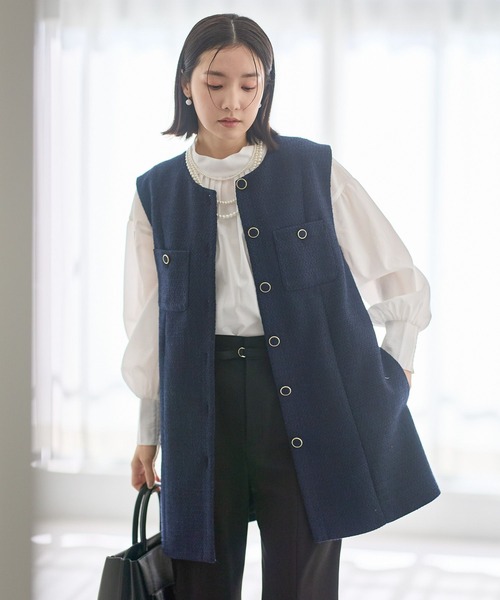 Andemiu（アンデミュウ）の「【セレモニー】ツイードロングジレ636642（ノーカラージャケット・レディース・ネイビー/アイボリー・FREE）」の10枚目の写真