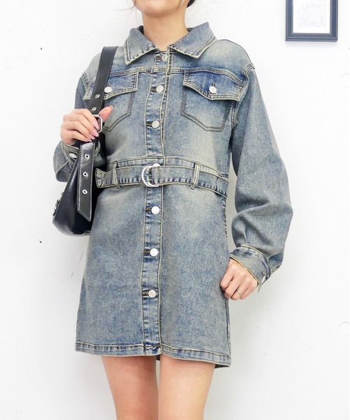 FUN(ファン)の「デニムミニワンピース(ワンピース・レディース・ブルー/ブラック・M/S)」の1枚目の写真