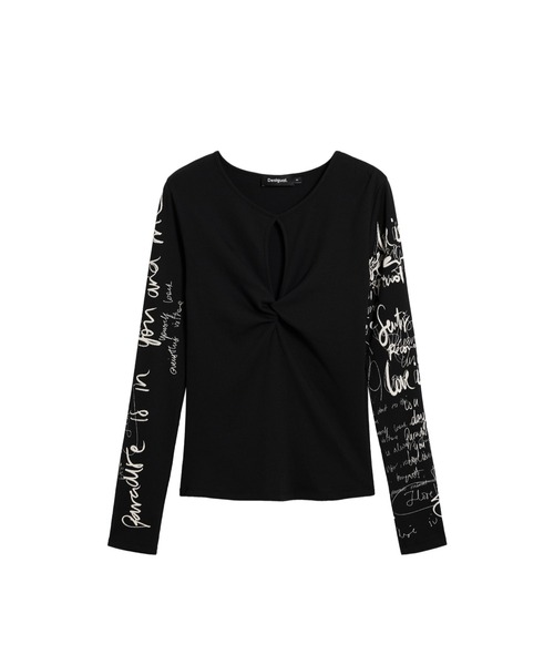 Desigual(デシグアル)の「袖レタリングプリント 胸元ギャザーブラック長袖Tシャツ(Tシャツ/カットソー・レディース・ブラック・S/M/L/XL/XS)」の1枚目の写真