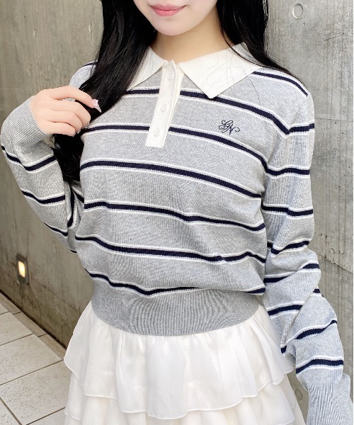 INGNI（イング）の「ショート丈ボーダーポロニット（ニット/セーター・レディース・サックスブルー/グレー/ネイビー・M）」の5枚目の写真