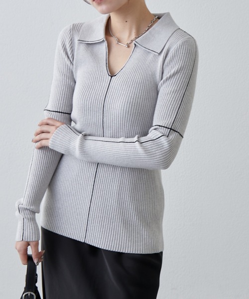 Lui's（ルイス）の「配色ステッチスキッパーリブニットトップス（ニット/セーター・レディース・ブラック/サックスブルー/グレー・FREE）」の3枚目の写真