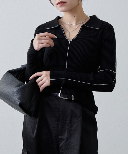 Lui's（ルイス）の「配色ステッチスキッパーリブニットトップス（ニット/セーター・レディース・ブラック/サックスブルー/グレー・FREE）」の2枚目の写真