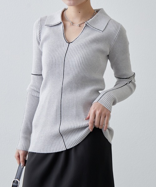 Lui's（ルイス）の「配色ステッチスキッパーリブニットトップス（ニット/セーター・レディース・ブラック/サックスブルー/グレー・FREE）」の5枚目の写真