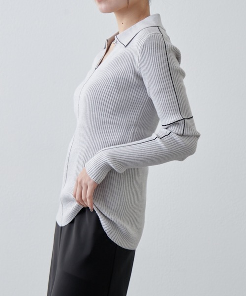 Lui's（ルイス）の「配色ステッチスキッパーリブニットトップス（ニット/セーター・レディース・ブラック/サックスブルー/グレー・FREE）」の6枚目の写真