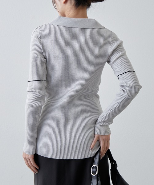 Lui's（ルイス）の「配色ステッチスキッパーリブニットトップス（ニット/セーター・レディース・ブラック/サックスブルー/グレー・FREE）」の7枚目の写真