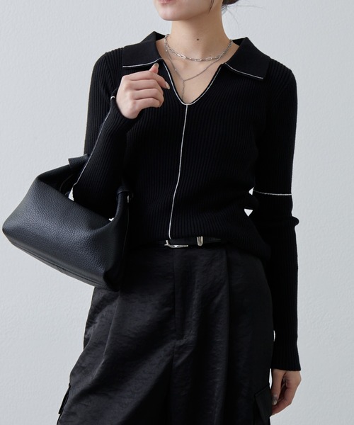 Lui's（ルイス）の「配色ステッチスキッパーリブニットトップス（ニット/セーター・レディース・ブラック/サックスブルー/グレー・FREE）」の11枚目の写真