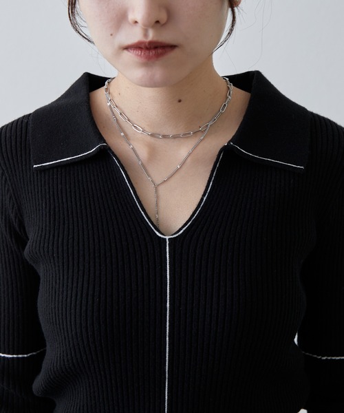 Lui's（ルイス）の「配色ステッチスキッパーリブニットトップス（ニット/セーター・レディース・ブラック/サックスブルー/グレー・FREE）」の15枚目の写真