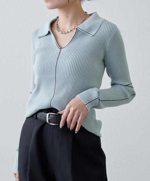 Lui's（ルイス）の「配色ステッチスキッパーリブニットトップス（ニット/セーター・レディース・ブラック/サックスブルー/グレー・FREE）」の16枚目の写真