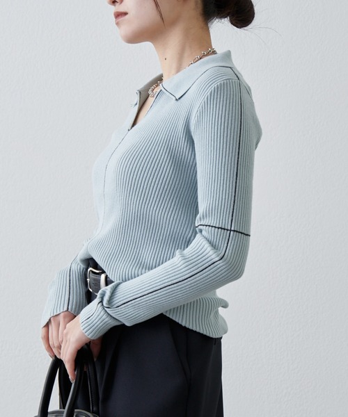 Lui's（ルイス）の「配色ステッチスキッパーリブニットトップス（ニット/セーター・レディース・ブラック/サックスブルー/グレー・FREE）」の17枚目の写真