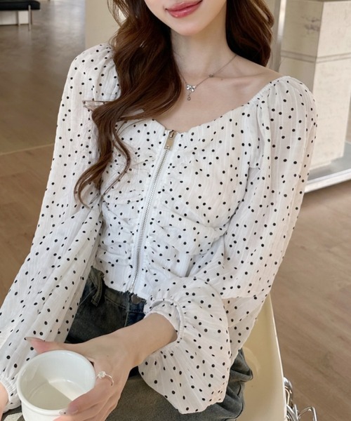 セール】フロントジップ ギャザー ショート丈 ブラウス（シャツ