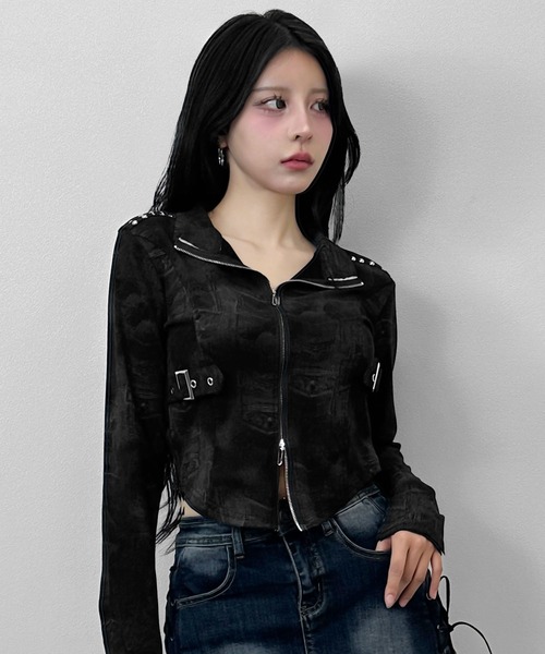 FOLLOWIN(フォロウィン)の「スタッズベルト ジップショートジャケット(ブルゾン・レディース・ブラック/グレー/アイボリー・FREE)」の22枚目の写真