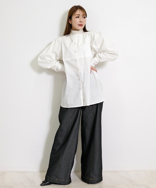 CHhdmn(シーエイチヒデモン)の「パールボタン バンドカラー ギャザースリーブ セミロングシャツブラウス 体型カバー チュニック丈(シャツ/ブラウス・レディース・ホワイト/ブラック・L/M)」の19枚目の写真
