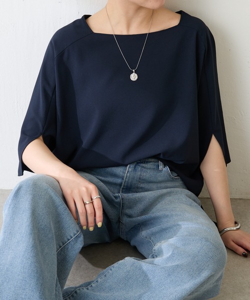 COLLAGE GALLARDAGALANTE（コラージュガリャルダガランテ）の「ジャージスクエアブラウス/セットアップ可/WEB限定カラー展開（シャツ/ブラウス・レディース・ブラック/オフホワイト/オレンジ/ネイビー・FREE）」の5枚目の写真