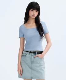 ウィメンズスリムスクエアネックTシャツ[クラウディブルー]
