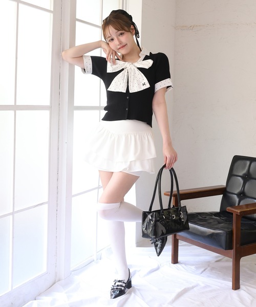 one after another NICE CLAUP（ワンアフターアナザーナイスクラップ）の「チャームベルト付きティアードミニスカパン（スカート・レディース・チェック/ベージュ/アイボリー/ブラック・SMALL/MEDIUM）」の14枚目の写真