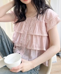 シワ加工 ティアードデザイン フレンチスリーブブラウス