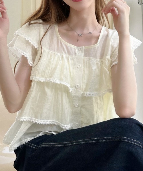 Ada.(エイダ)の「シワ加工 ティアードデザイン フレンチスリーブブラウス(シャツ/ブラウス・レディース・ブルー/アイボリー/ピンク・FREE)」の18枚目の写真