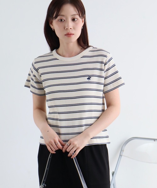 BEVERLY HILLS POLO CLUB（ビバリーヒルズポロクラブ）の「【Beverly Hills Polo Club/ビバリーヒルズポロクラブ】ワンポイント刺繍 ワッフルボーダー半袖Tシャツ（Tシャツ/カットソー・レディース・ダークブラウン系/アイボリー/ネイビー・M）」の4枚目の写真