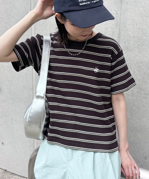 BEVERLY HILLS POLO CLUB（ビバリーヒルズポロクラブ）の「【Beverly Hills Polo Club/ビバリーヒルズポロクラブ】ワンポイント刺繍 ワッフルボーダー半袖Tシャツ（Tシャツ/カットソー・レディース・ダークブラウン系/アイボリー/ネイビー・M）」の20枚目の写真