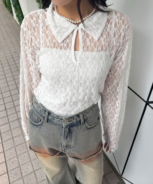 CIAOPANIC(チャオパニック)の「2WAYストレッチレースポロトップス(Tシャツ/カットソー・レディース・ホワイト/ブラック/アイボリー・ONE SIZE)」の17枚目の写真