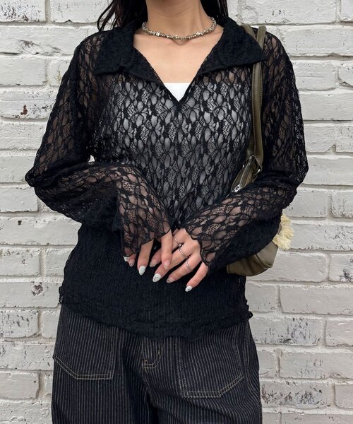 CIAOPANIC(チャオパニック)の「2WAYストレッチレースポロトップス(Tシャツ/カットソー・レディース・ホワイト/ブラック/アイボリー・ONE SIZE)」の10枚目の写真