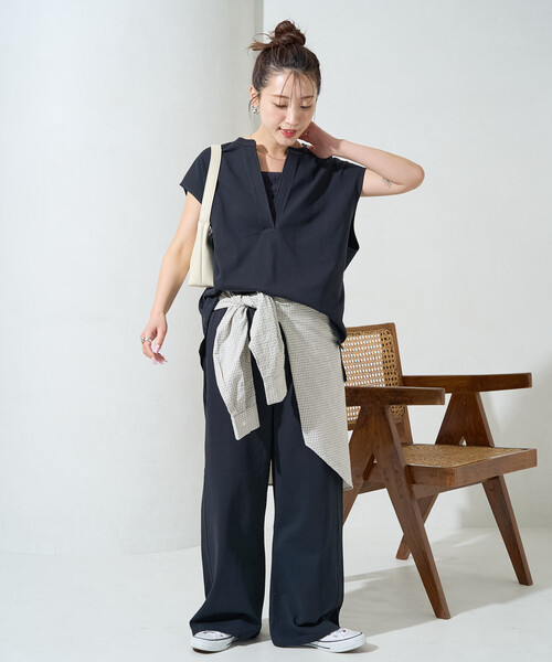 セール】限定展開 Vネック フレンチ スリーブ パンツ セットアップ