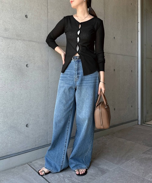 andme（アンドミー）の「ホール開き2wayシアーリブトップス（Tシャツ/カットソー・レディース・イエロー/ピンク/杢グレー/ブラック・FREE）」の9枚目の写真