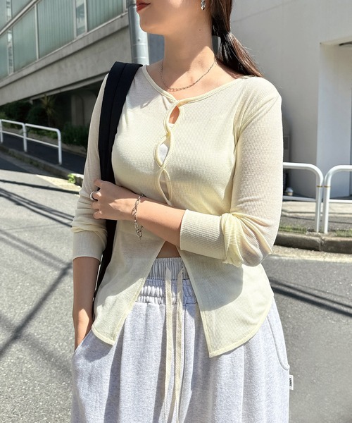 andme（アンドミー）の「ホール開き2wayシアーリブトップス（Tシャツ/カットソー・レディース・イエロー/ピンク/杢グレー/ブラック・FREE）」の14枚目の写真