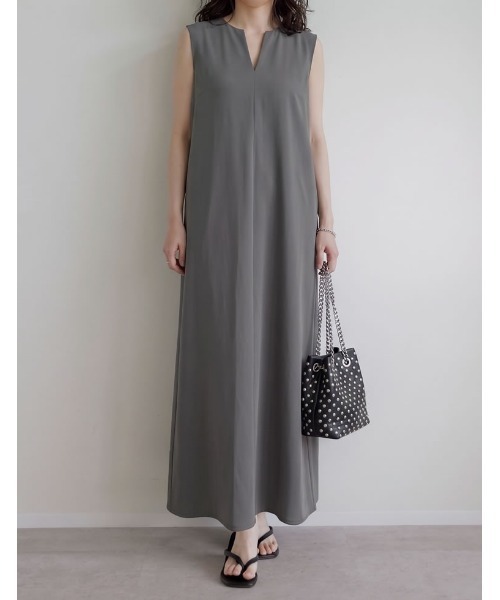 撥水加工][低身長/高身長サイズ有]タフタキーネックノースリーブ
