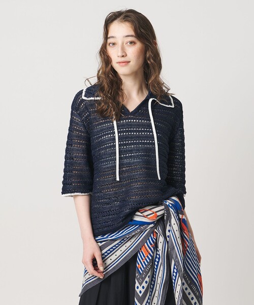 UNITED ARROWS(ユナイテッドアローズ)の「アイレット バイカラー ニット(ニット/セーター・レディース・ネイビー/オフホワイト・FREE)」の2枚目の写真