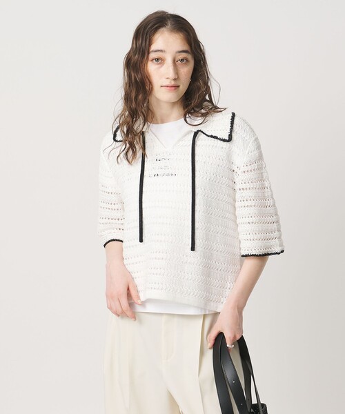 UNITED ARROWS(ユナイテッドアローズ)の「アイレット バイカラー ニット(ニット/セーター・レディース・ネイビー/オフホワイト・FREE)」の5枚目の写真