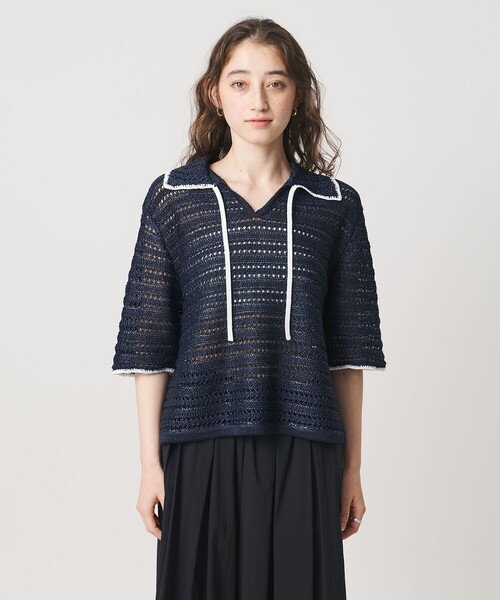 UNITED ARROWS(ユナイテッドアローズ)の「アイレット バイカラー ニット(ニット/セーター・レディース・ネイビー/オフホワイト・FREE)」の8枚目の写真