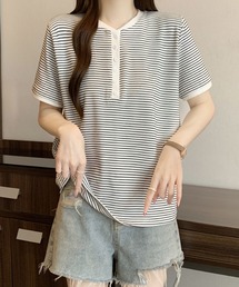 ボーダーTシャツ 半袖 ヘンリーネック カットソー ゆったり 体型カバー カジュアル 春夏