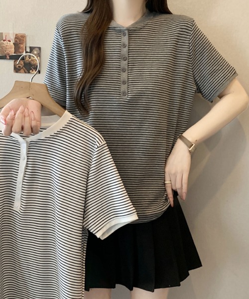2ly2(トゥーリートゥー)の「ボーダーTシャツ 半袖 ヘンリーネック カットソー ゆったり 体型カバー カジュアル 春夏(Tシャツ/カットソー・レディース・ホワイト/グレー・FREE)」の18枚目の写真