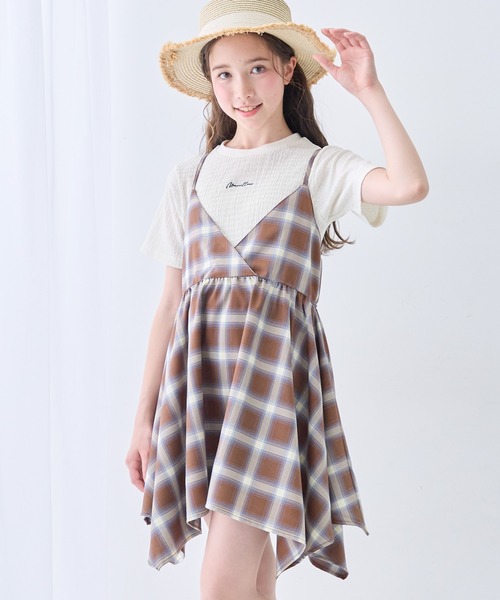 COYSEIO コイセイオ チェック柄 半袖ワンピース　ブラウン セール】チェック柄 イレヘム ワンピース 半袖 Tシャツ 2点セット