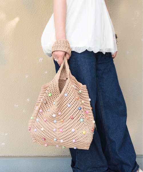 styiro（スタイロ）の「カラフルドットメッシュニットバッグ（トートバッグ・レディース・ブラック/ベージュ/アイボリー/グリーン・FREE）」の5枚目の写真