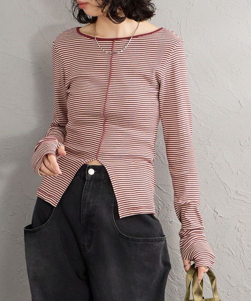 Robert P.Miller（ロバート ピー ミラー）の「[MILLER/ミラー] 別注 スリット入り ボートネックカットソー（Tシャツ/カットソー・レディース・アイボリー/ブラック/レンガ/ブラウン/ネイビー/サックスブルー・F）」の6枚目の写真