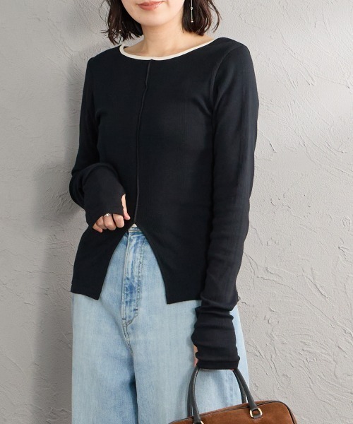 Robert P.Miller（ロバート ピー ミラー）の「[MILLER/ミラー] 別注 スリット入り ボートネックカットソー（Tシャツ/カットソー・レディース・アイボリー/ブラック/レンガ/ブラウン/ネイビー/サックスブルー・F）」の3枚目の写真